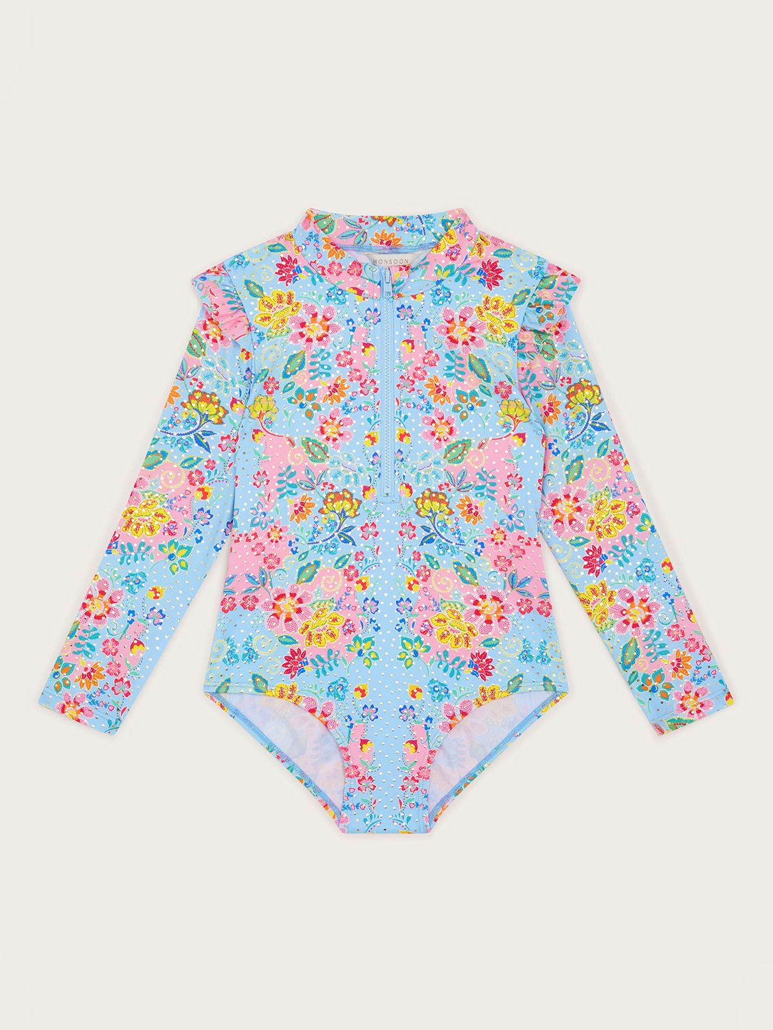 Monsoon Kids' Foil Floral Frill UPF50 Long Sleeve Swimsuit, Blue, 3-4 years