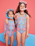 Monsoon Kids' Foil Floral Frill Swimsuit, Blue, Blue