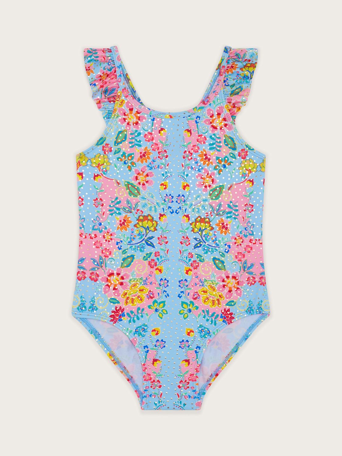 Monsoon Kids' Foil Floral Frill Swimsuit, Blue, 3-4 years