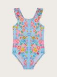 Monsoon Kids' Foil Floral Frill Swimsuit, Blue, Blue