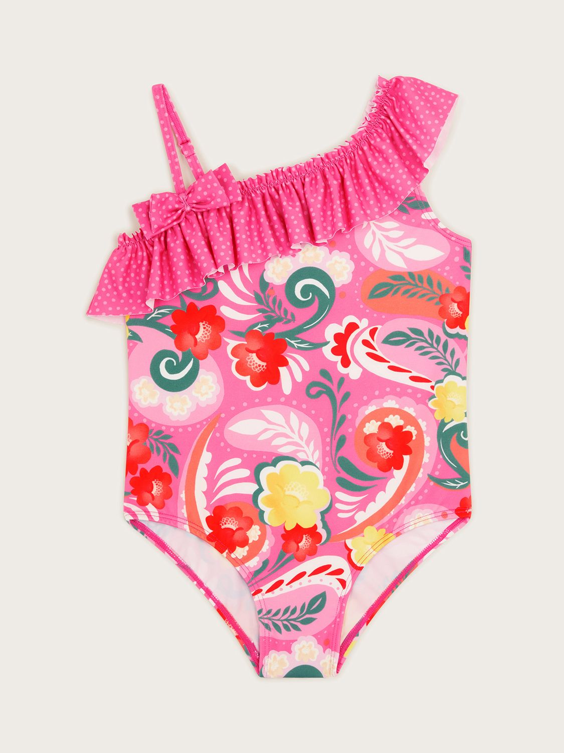 Monsoon Kids' Floral Swirl Ruffle Bow Swimsuit, Pink, 11-12 years