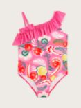Monsoon Kids' Floral Swirl Ruffle Bow Swimsuit, Pink