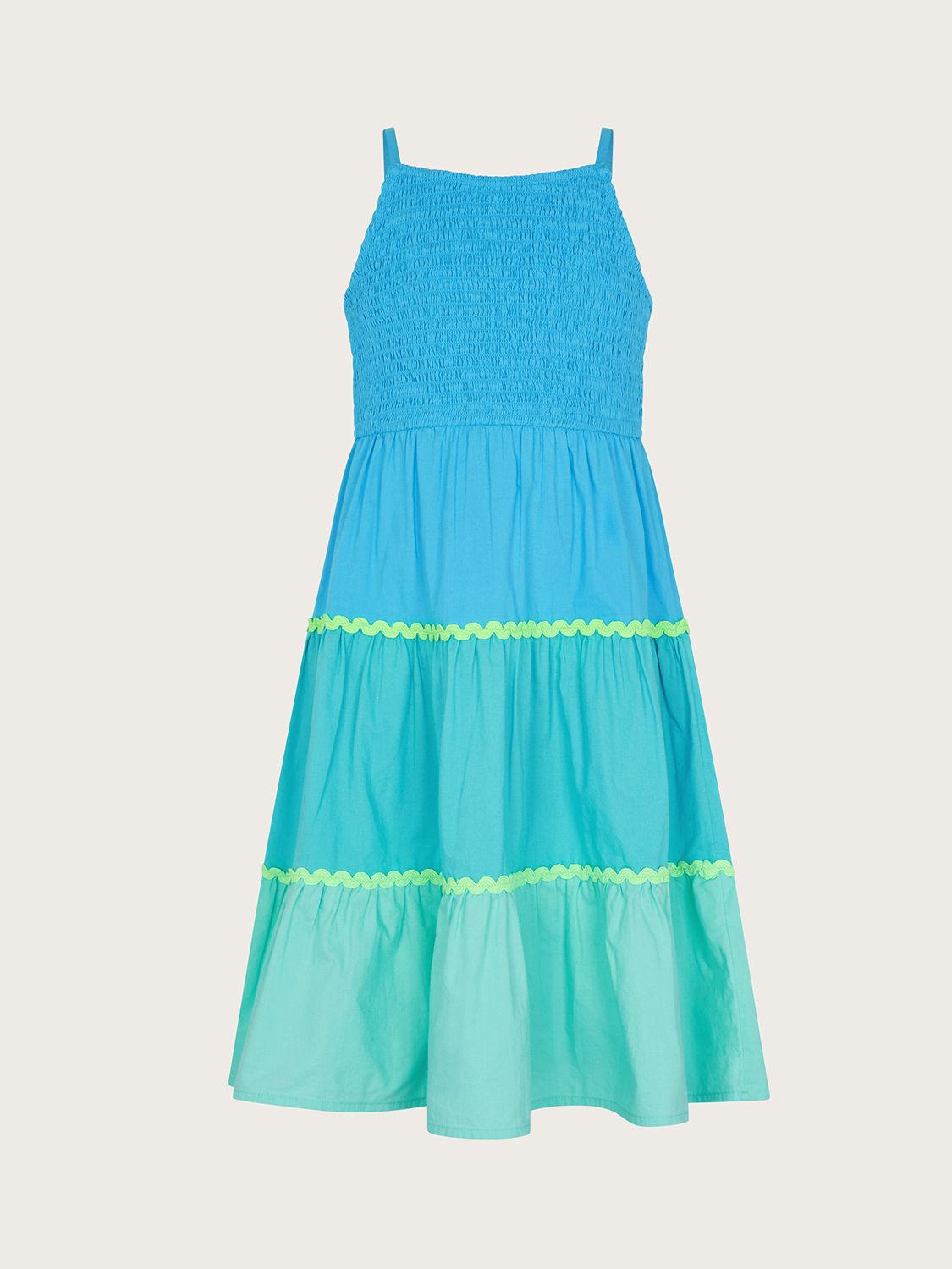 Monsoon Kids' Ruched Colour Block Tiered Dress, Blue, 3-4 years