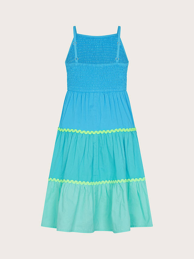 Monsoon Kids' Ruched Colour Block Tiered Dress, Blue