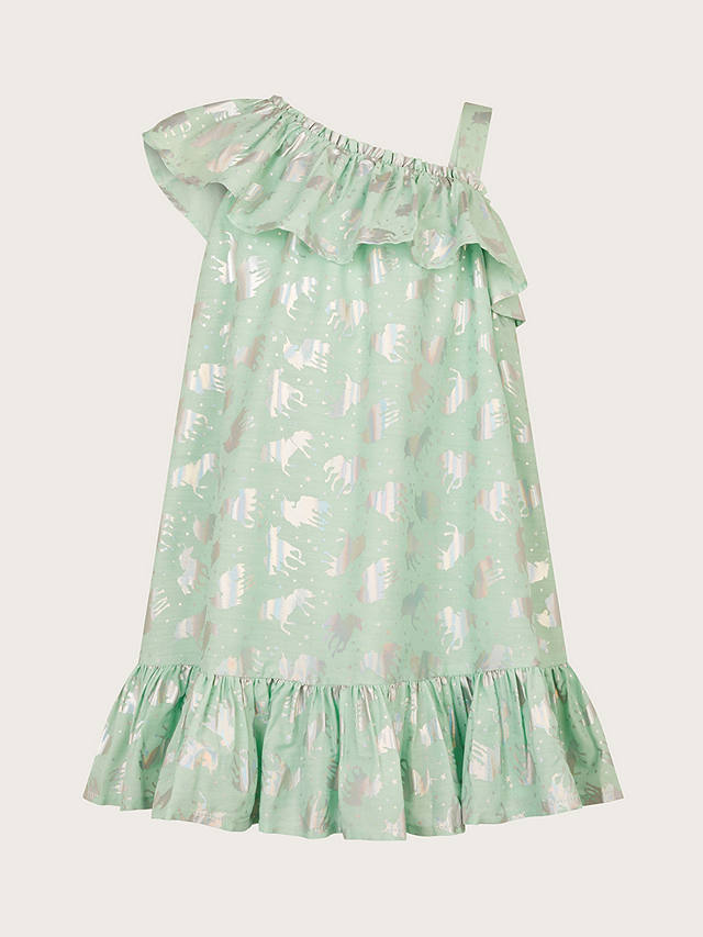 Monsoon Kids' Unicorn Foil Frill One Shoulder Tiered Dress, Aqua