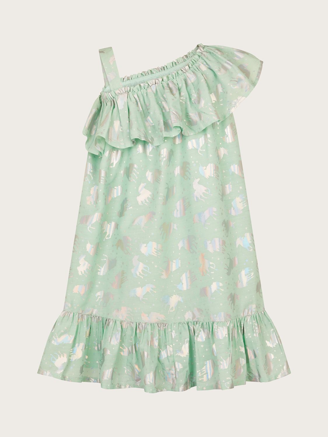 Buy Monsoon Kids' Unicorn Foil Frill One Shoulder Tiered Dress, Aqua Online at johnlewis.com