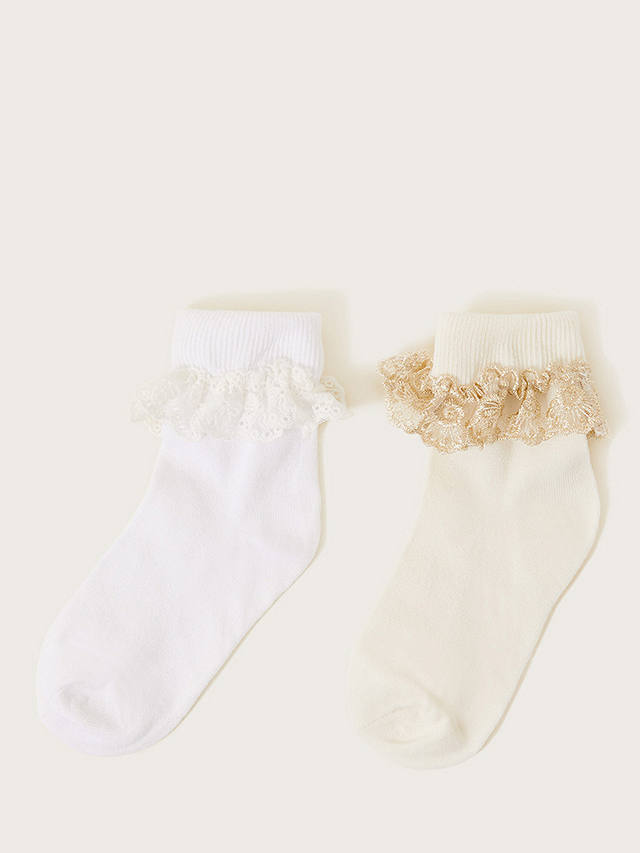 Monsoon Kids' Lace Frill Top Ankle Socks, Pack Of 2, Ivory/White