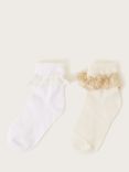 Monsoon Kids' Lace Frill Top Ankle Socks, Pack Of 2, Ivory/White