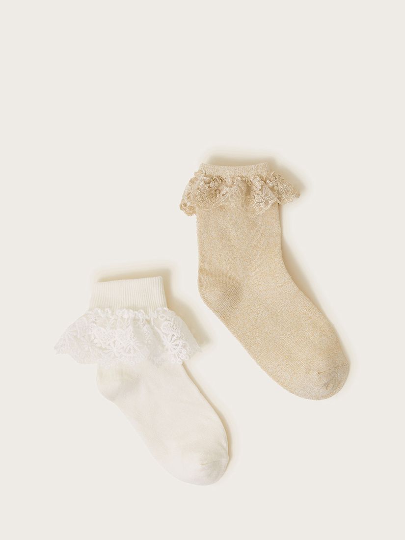 Monsoon Kids' Lace Frill Ankle Socks, Pack Of 2, Gold/Ivory, S