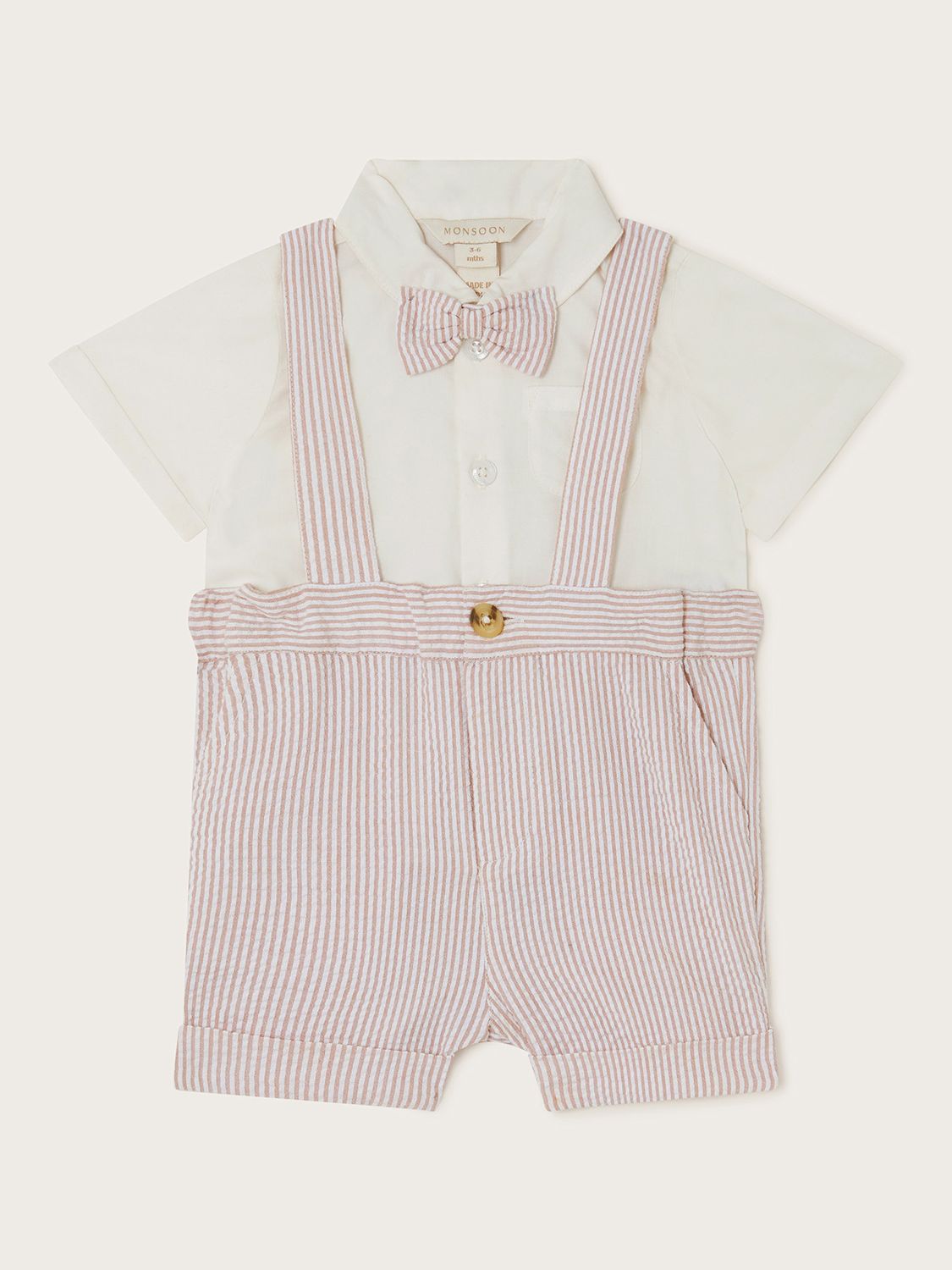 Monsoon Baby Sammy Stripe Brace Shorts, Shirt & Bow Tie Set, Stone, 18-24 months