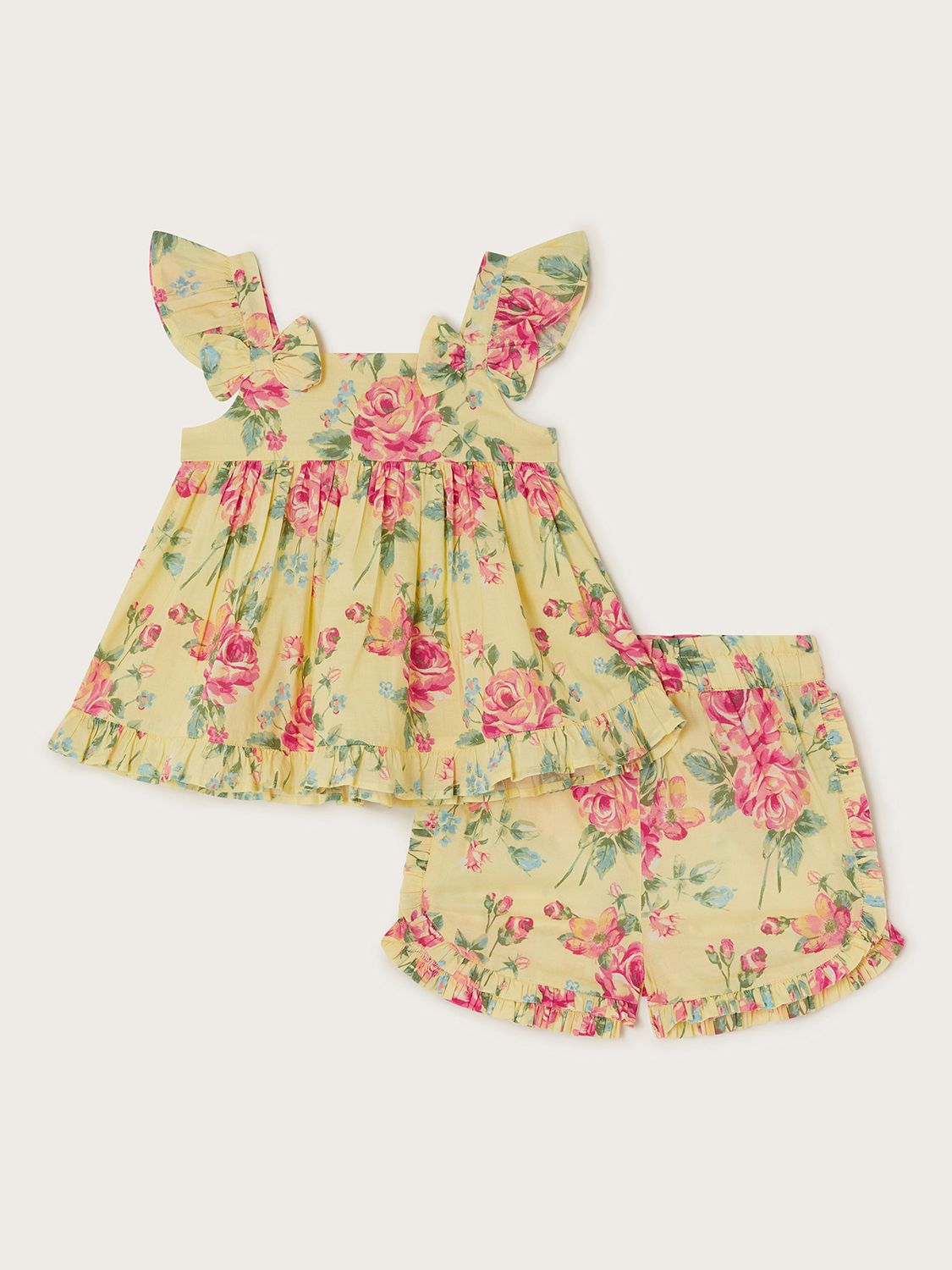 Monsoon Baby Floral Frill Top & Shorts Set, Yellow, 0-3 months