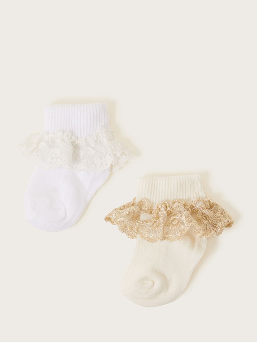 Monsoon Baby Lace Frill Top Ankle Socks, Pack Of 2, Ivory/White, 0-6 months