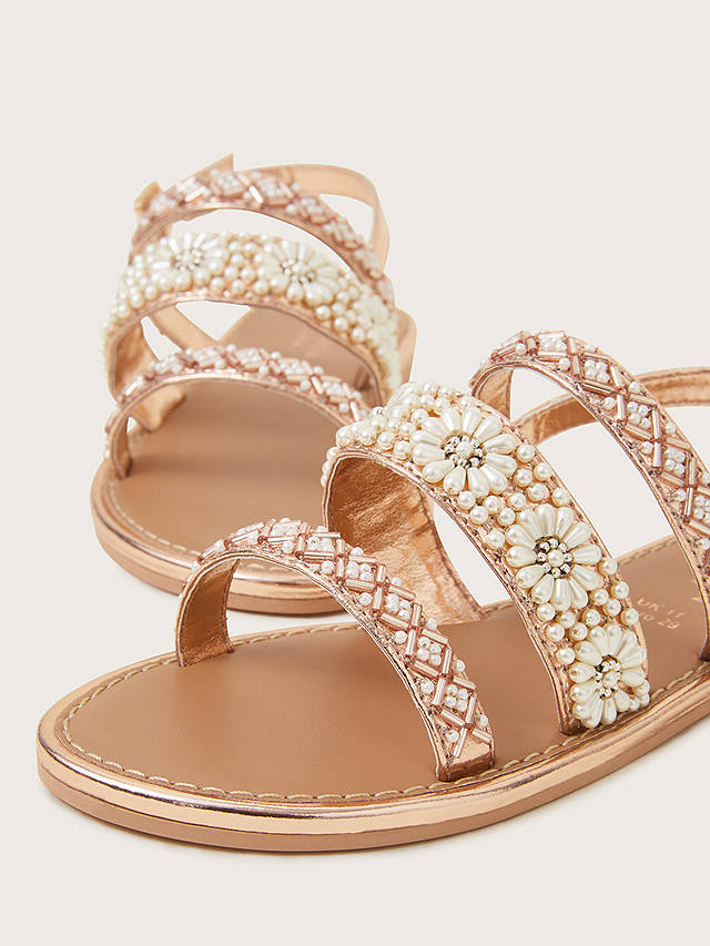 Monsoon Kids' Pearly Beaded Flower Sandals, Rose Gold