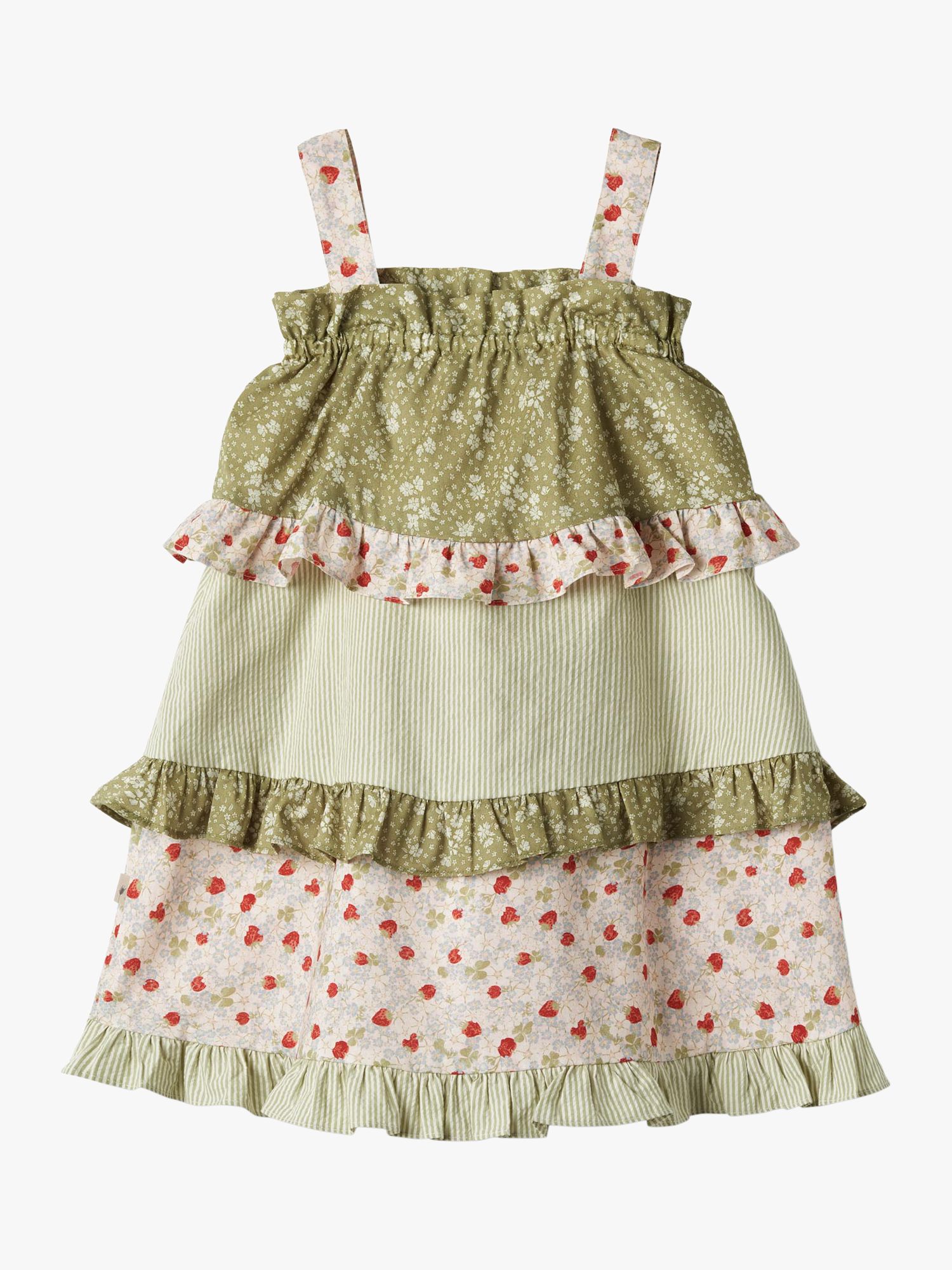 WHEAT Kids' Leah Gathered Layer Dress, Olive/Multi, 3 years