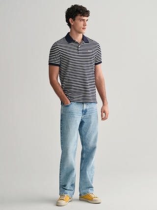 GANT Striped Short Sleeve Pique Polo Shirt, Blue/White