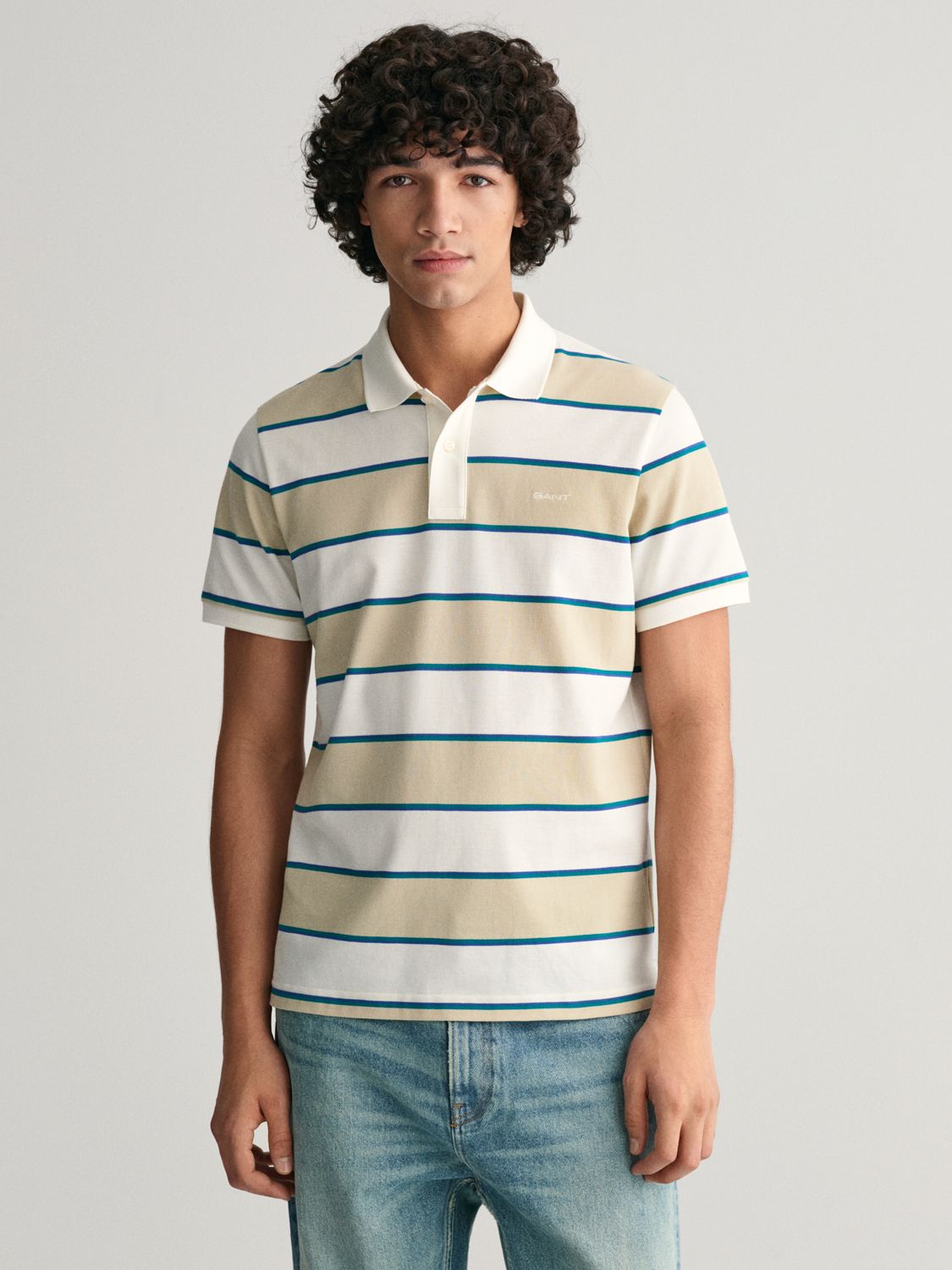 GANT Striped Pique Polo Shirt, Silky Beige, M