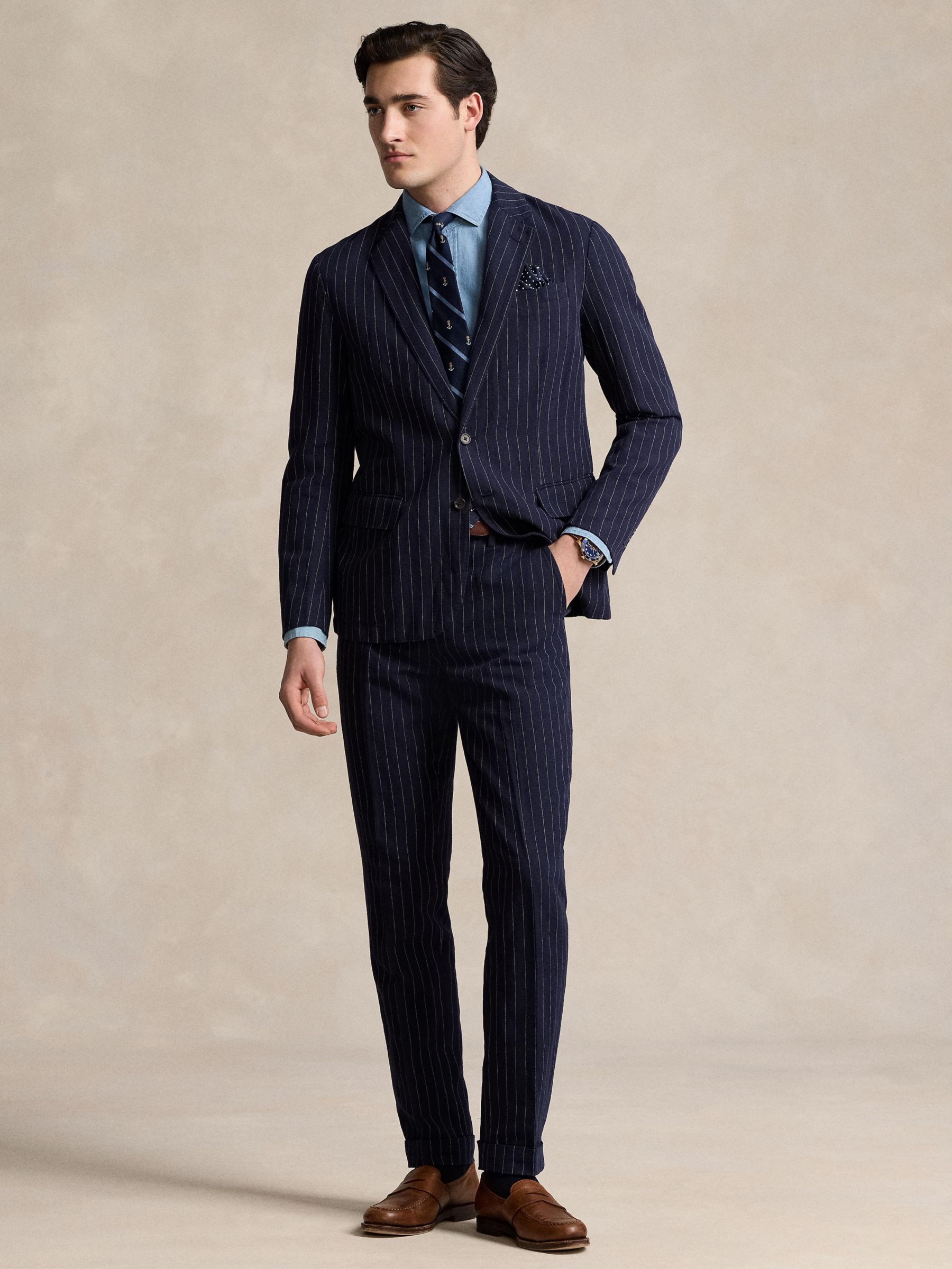 Ralph Lauren Pinstripe Twill Suit Trousers, Navy/Cream, 38R