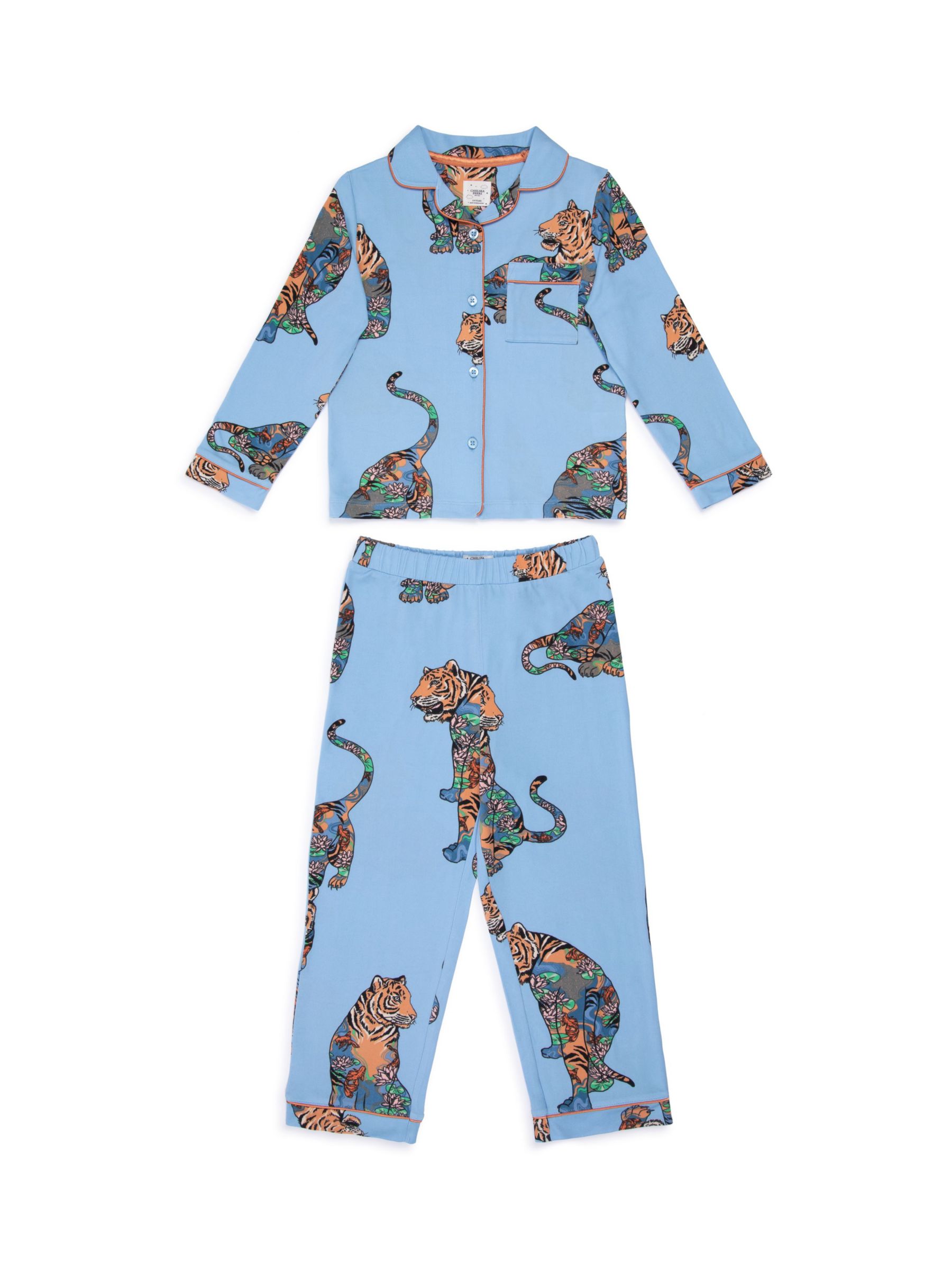 Chelsea Peers Kids' Tiger Print Long Pyjama Set, Blue/Multi, 1-2 years