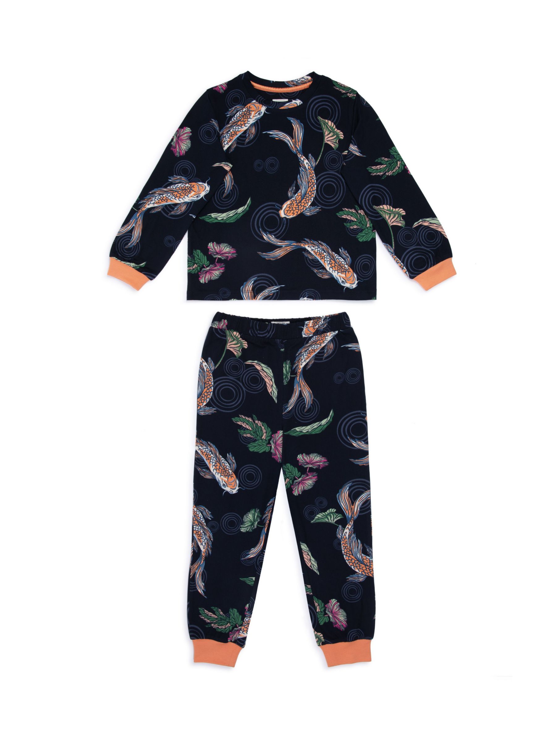 Chelsea Peers Kids' Koi Fish Print Long Pyjama Set, Navy/Multi, 1-2 years