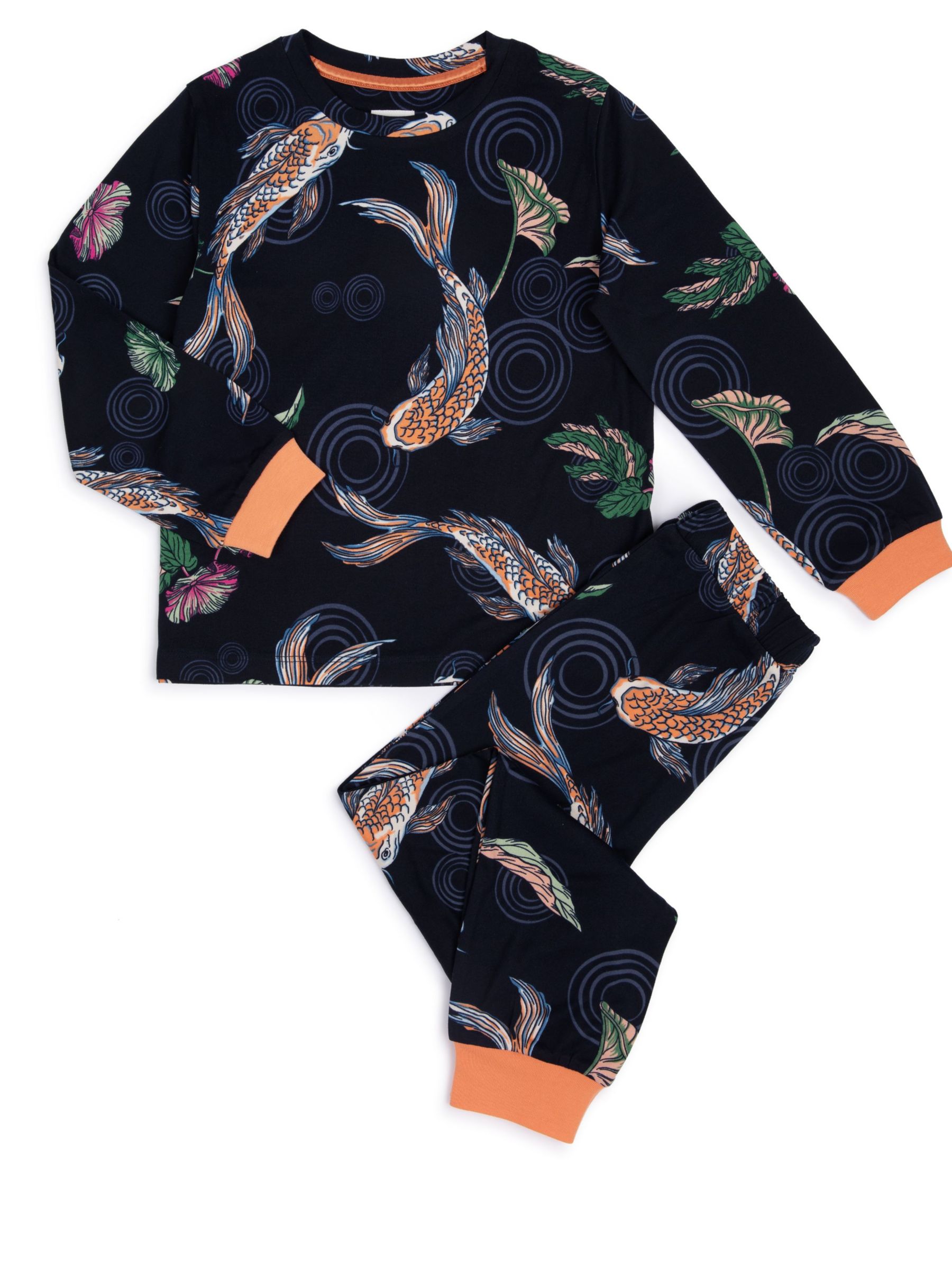 Chelsea Peers Kids' Koi Fish Print Long Pyjama Set, Navy/Multi, 1-2 years