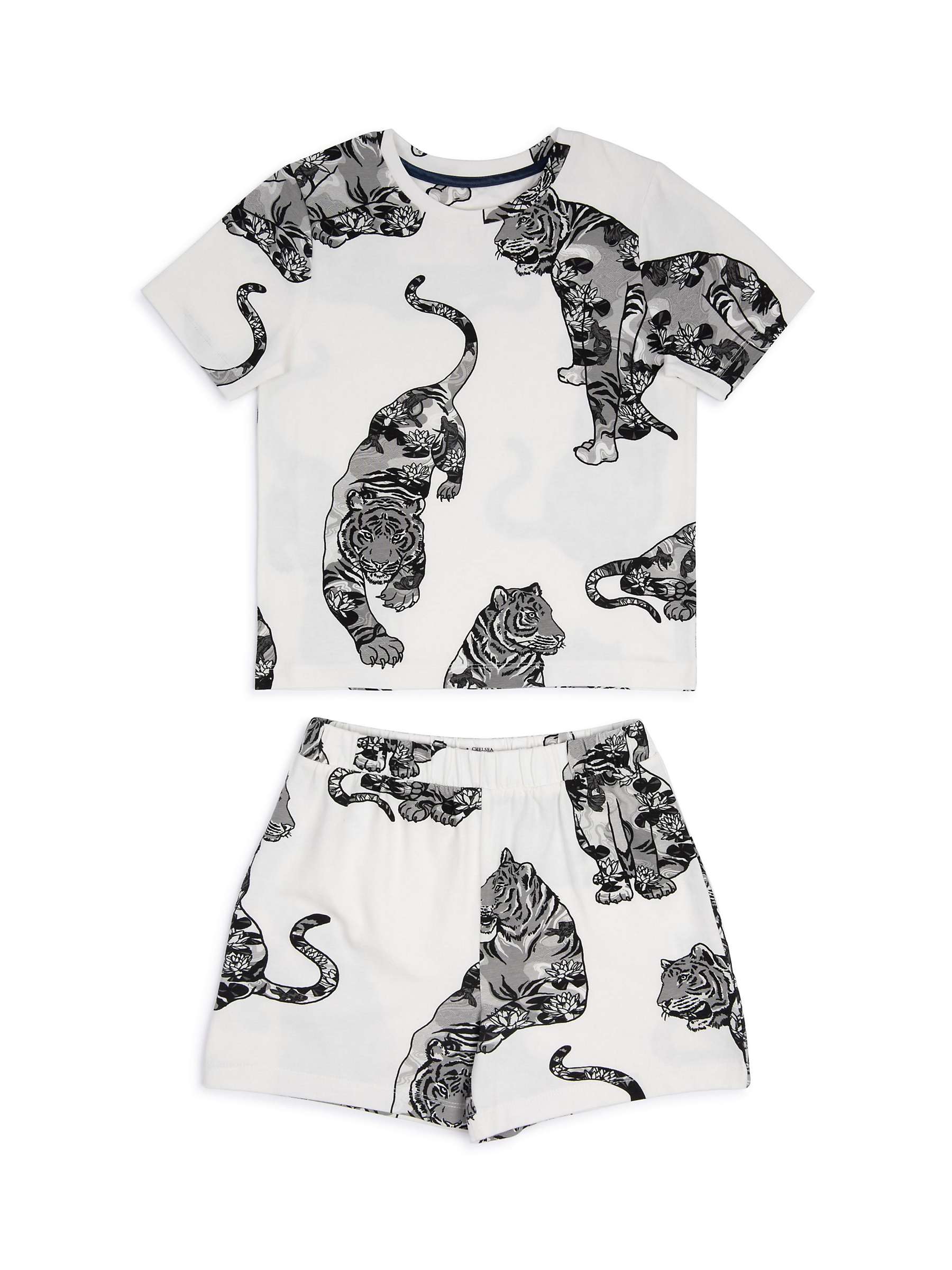 Buy Chelsea Peers Kids' Organic Cotton Blend Tiger Print Short Pyjama Set, White/Black Online at johnlewis.com