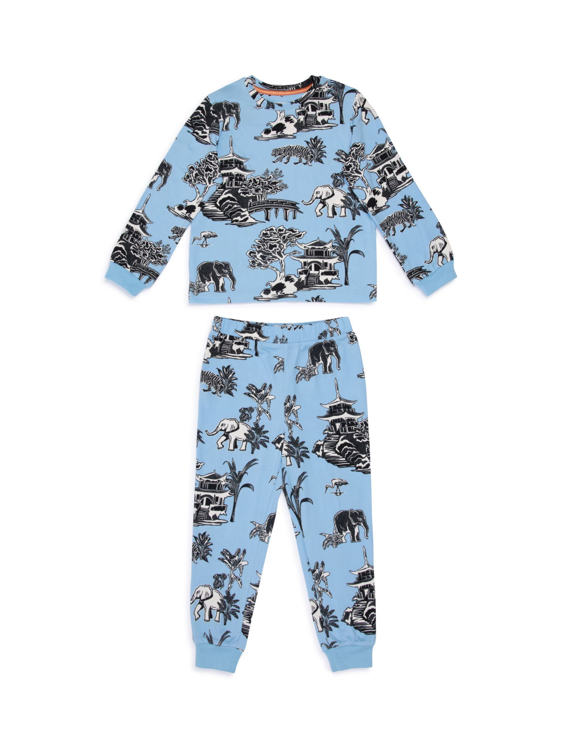Chelsea Peers Kids' Animal Garden Print Long Pyjama Set, Blue/Multi, 9-10 years
