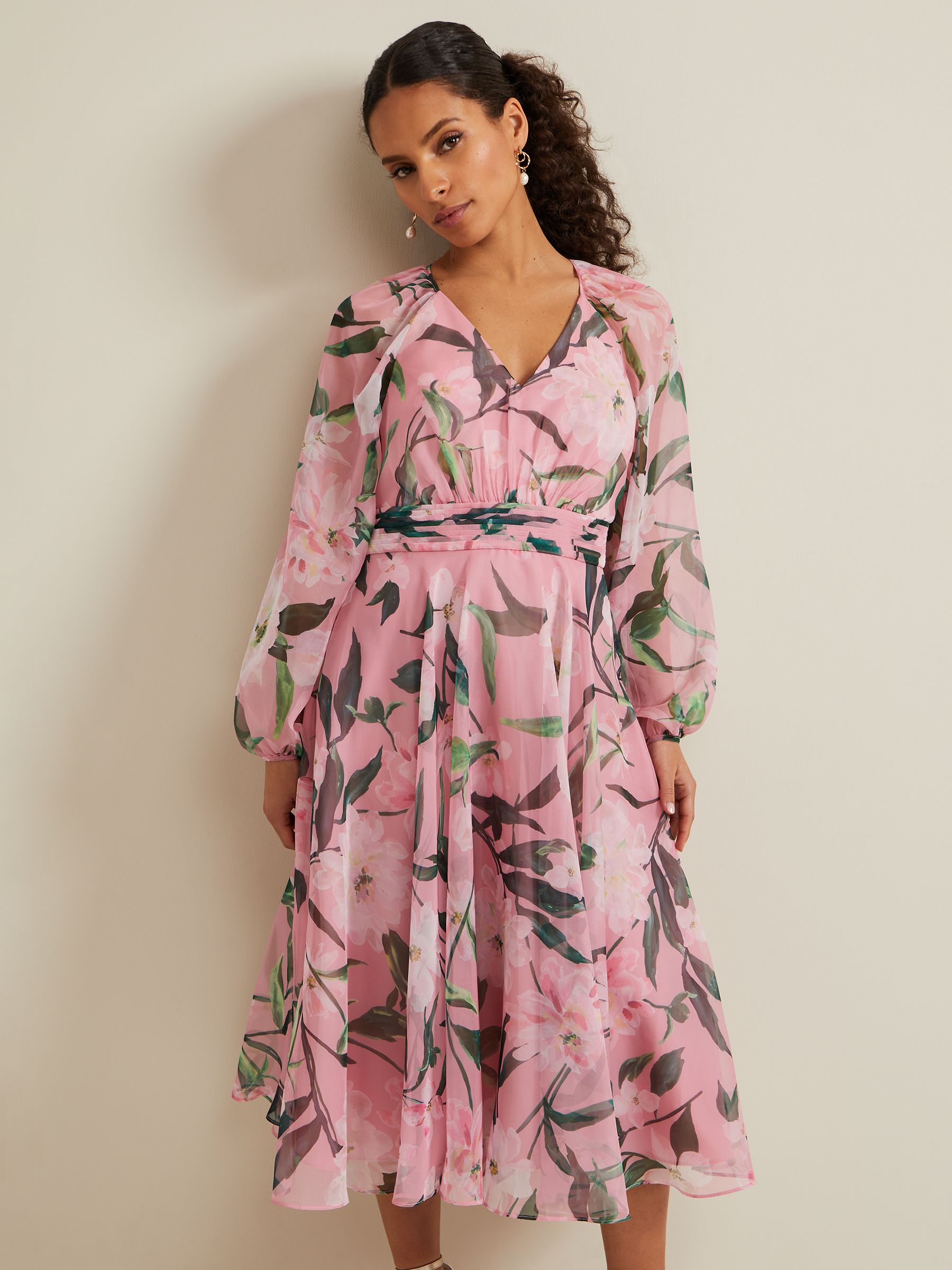 Phase Eight Petite Lina Floral Midi Dress, Pink/Multi, 6