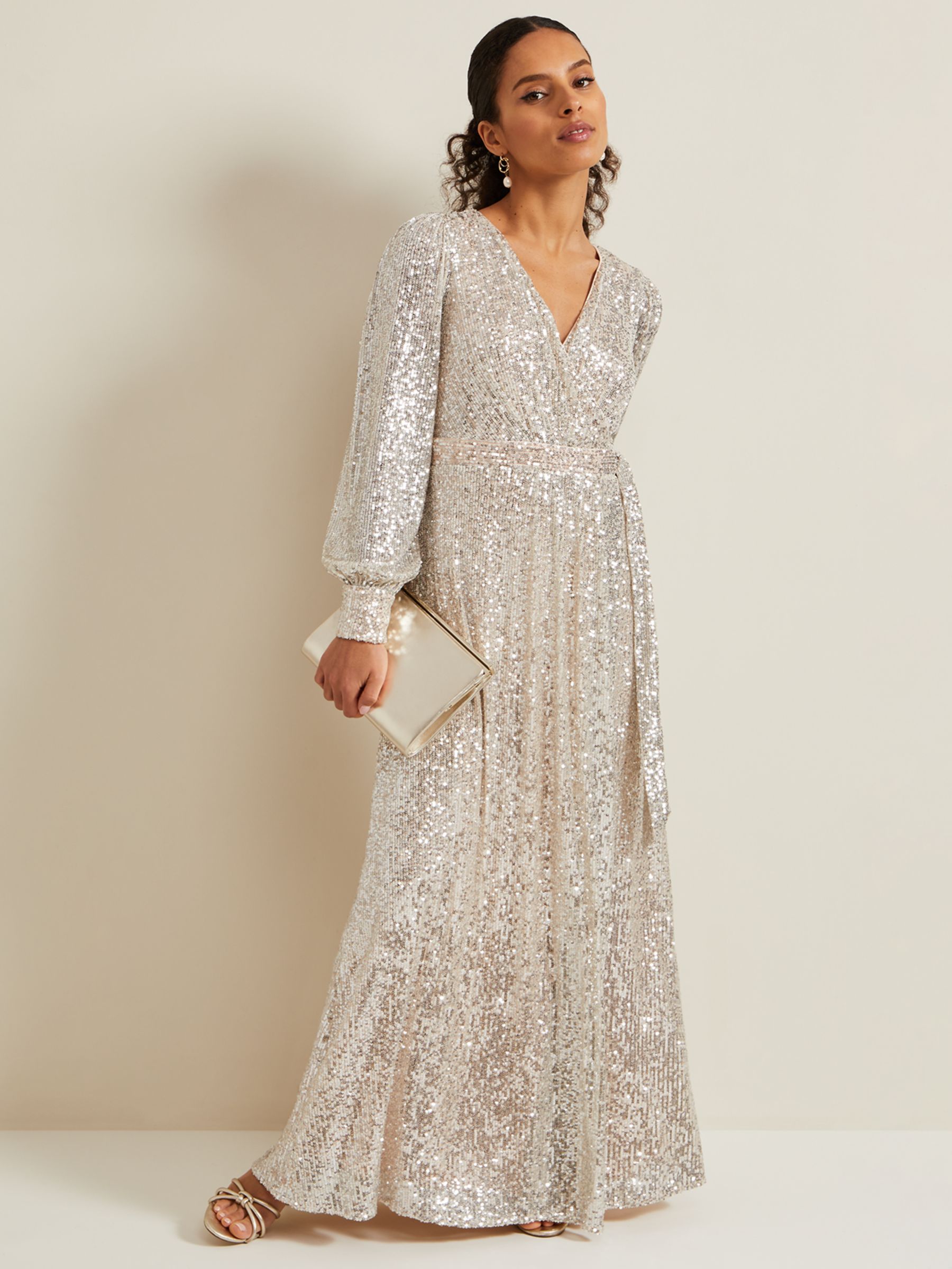 Phase Eight Amily Sequin Maxi Dress, Silver, 20