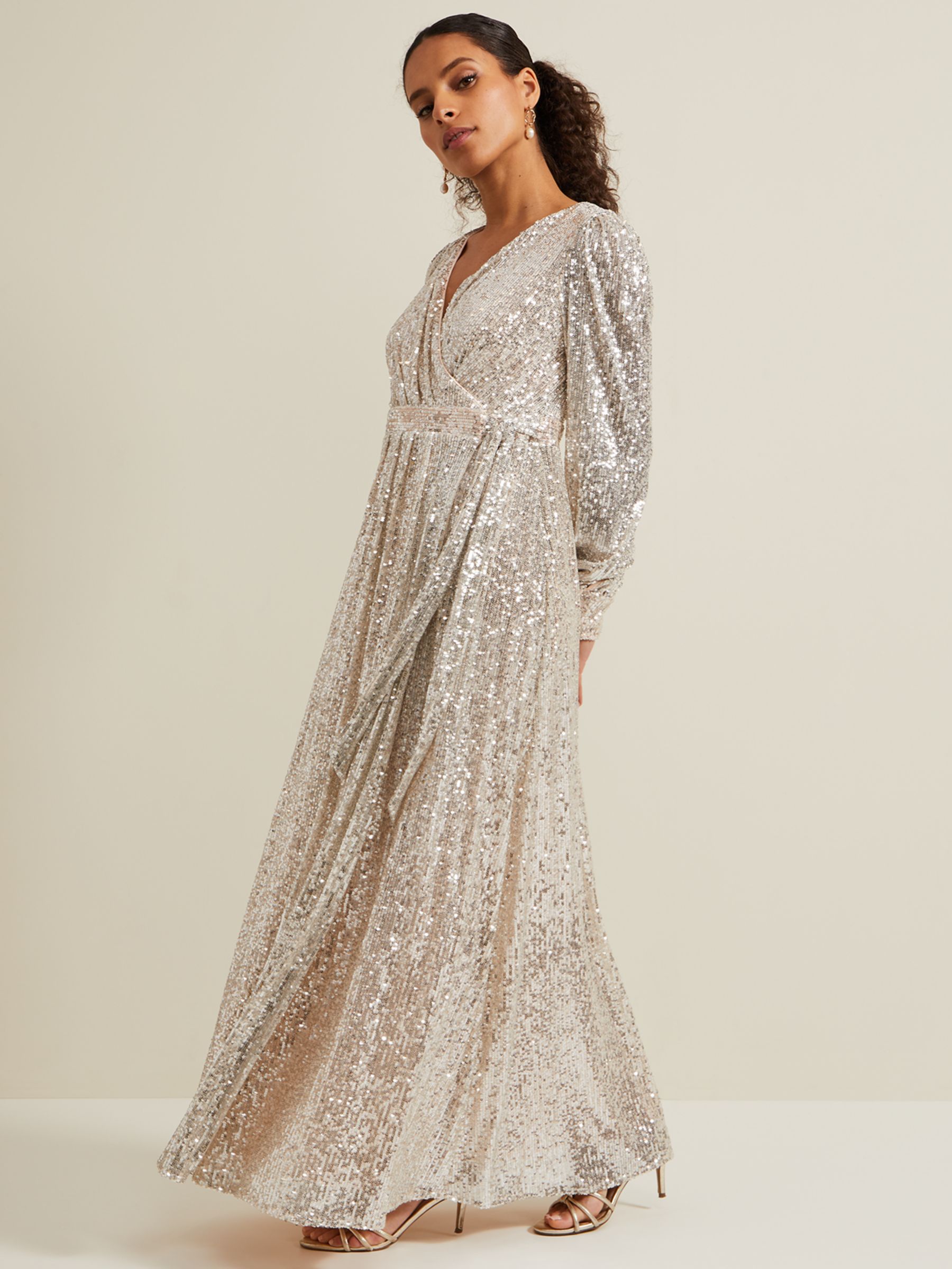 Phase Eight Amily Sequin Maxi Dress, Silver, 20