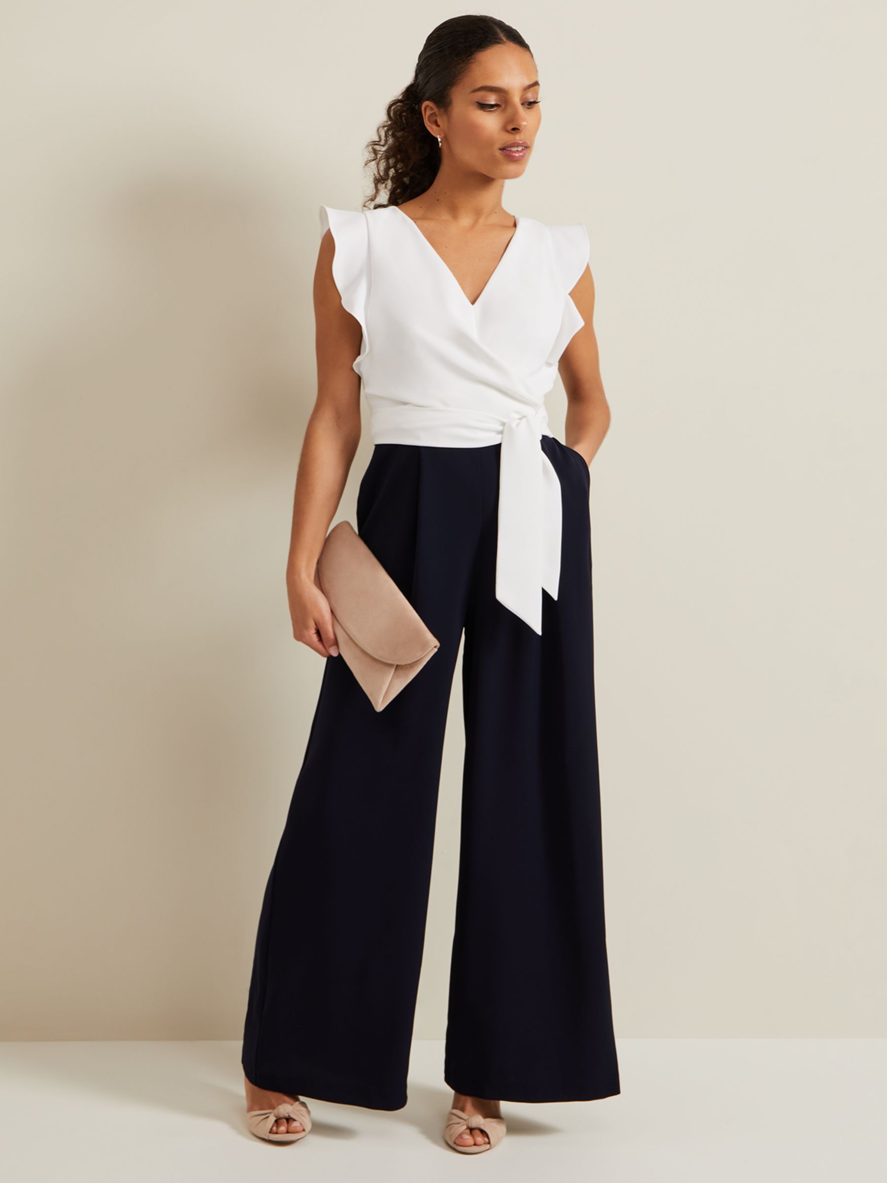 Phase Eight Petite Ayla Ruffle Jumpsuit, Navy/Ivory at John Lewis ...