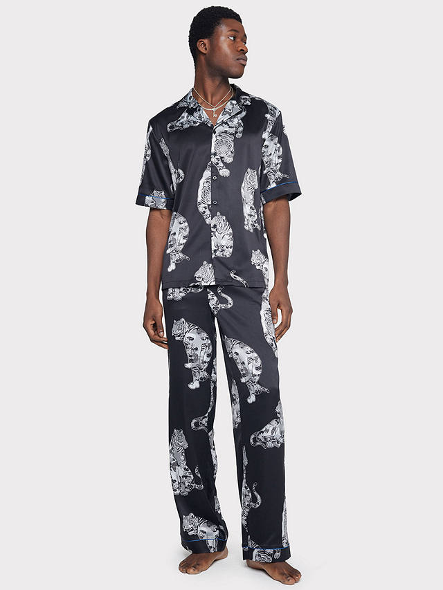 Chelsea Peers Tiger Print Satin Pyjama Set, Black Lotus