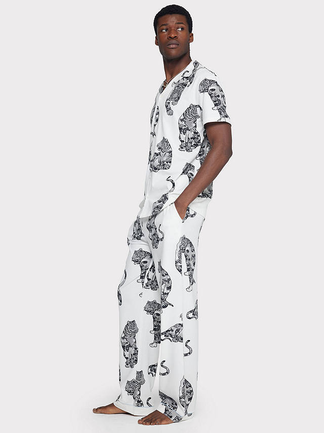 Chelsea Peers Organic Cotton Tiger Print Pyjama Set, Off White