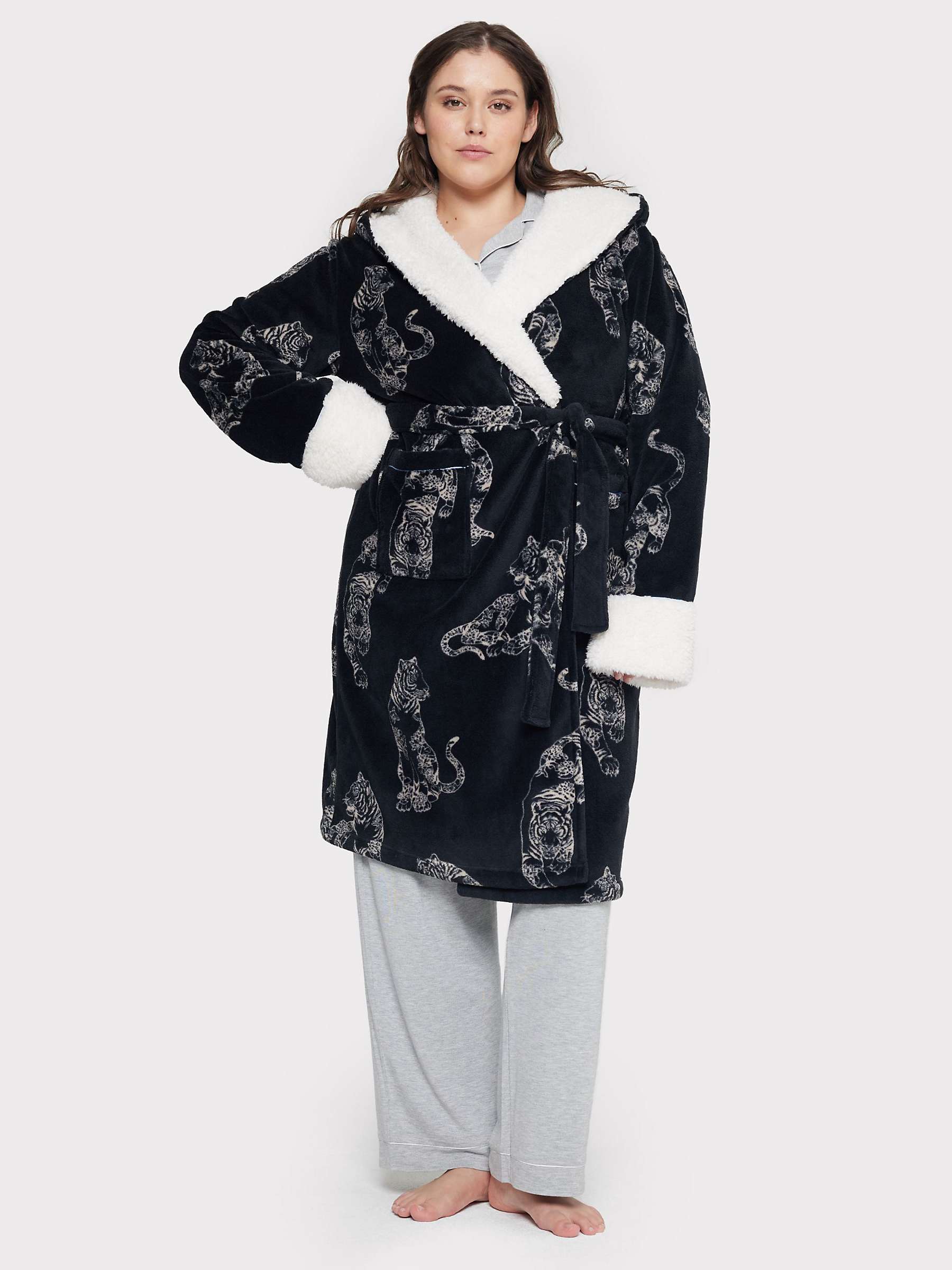 Buy Chelsea Peers Curve Fleece Linear Tiger Print Dressing Gown, Black Online at johnlewis.com