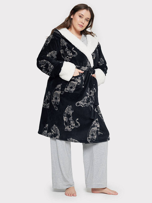 Chelsea Peers Curve Fleece Linear Tiger Print Dressing Gown, Black