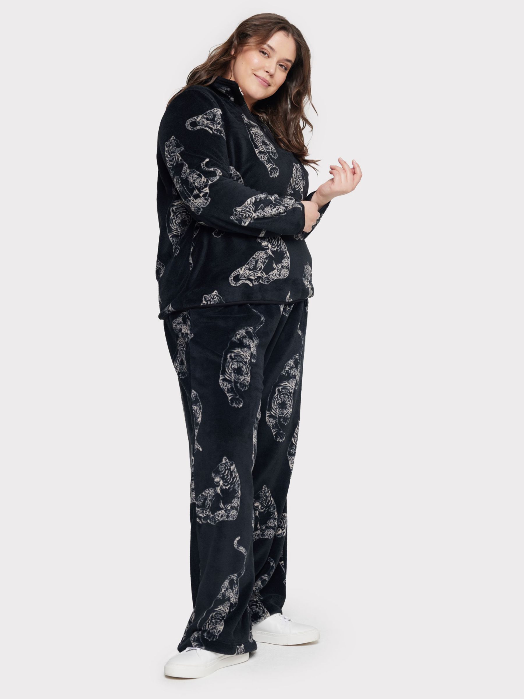 Buy Chelsea Peers Curve Fleece Linear Tiger Print Co-ord Set, Black Online at johnlewis.com