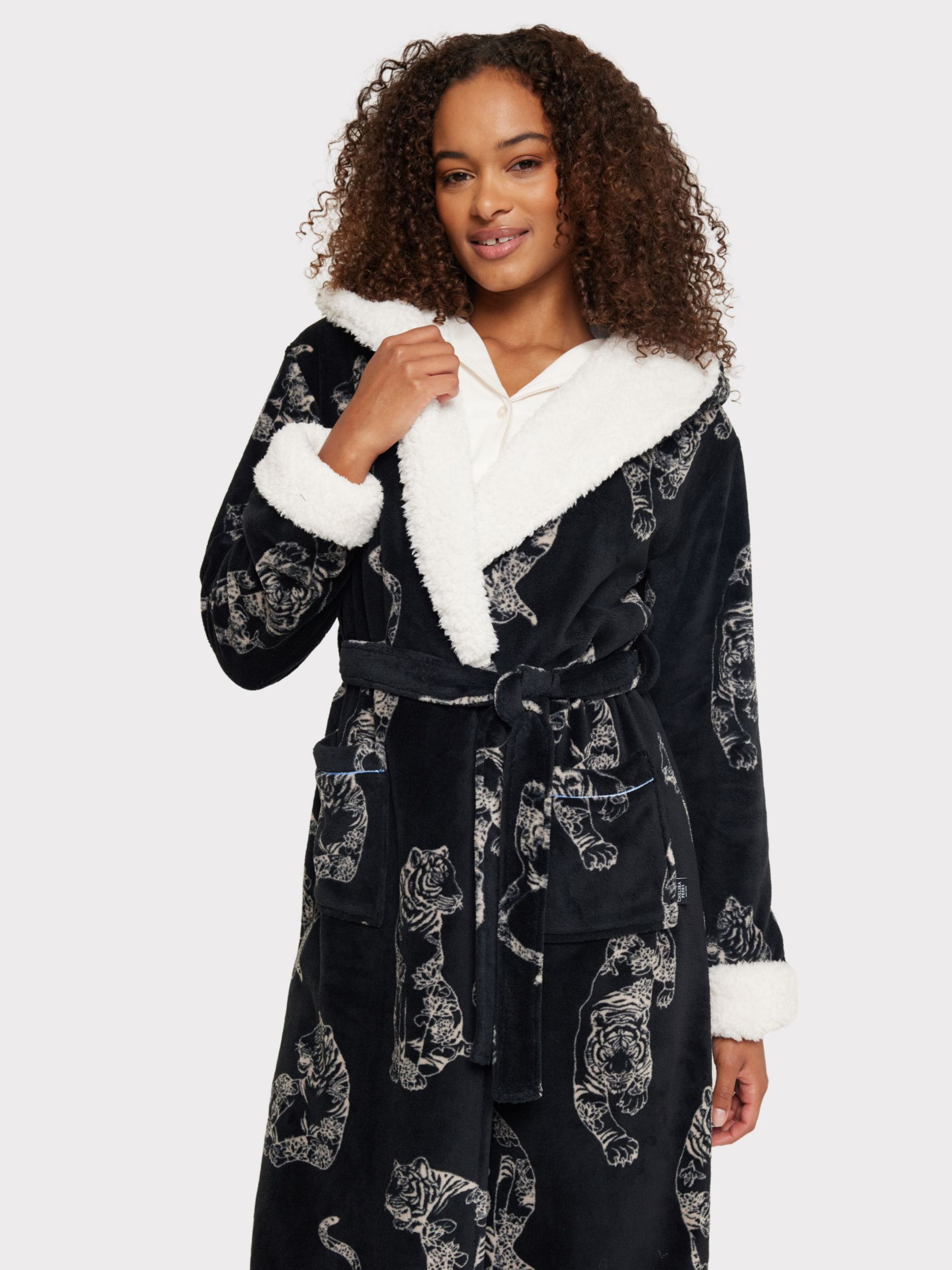 Chelsea Peers Fleece Linear Tiger Print Dressing Gown, Black, 14