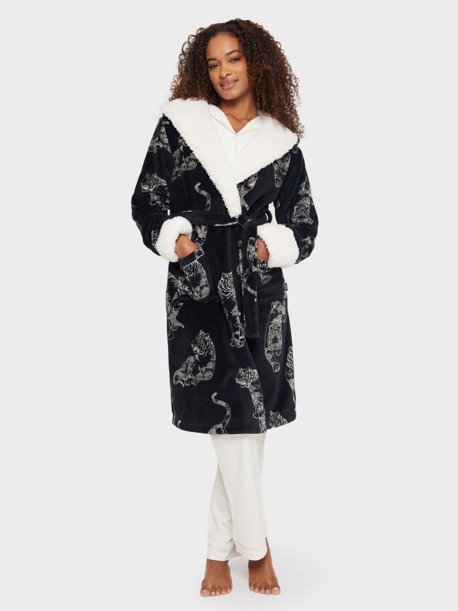 Chelsea Peers Fleece Linear Tiger Print Dressing Gown, Black, 14