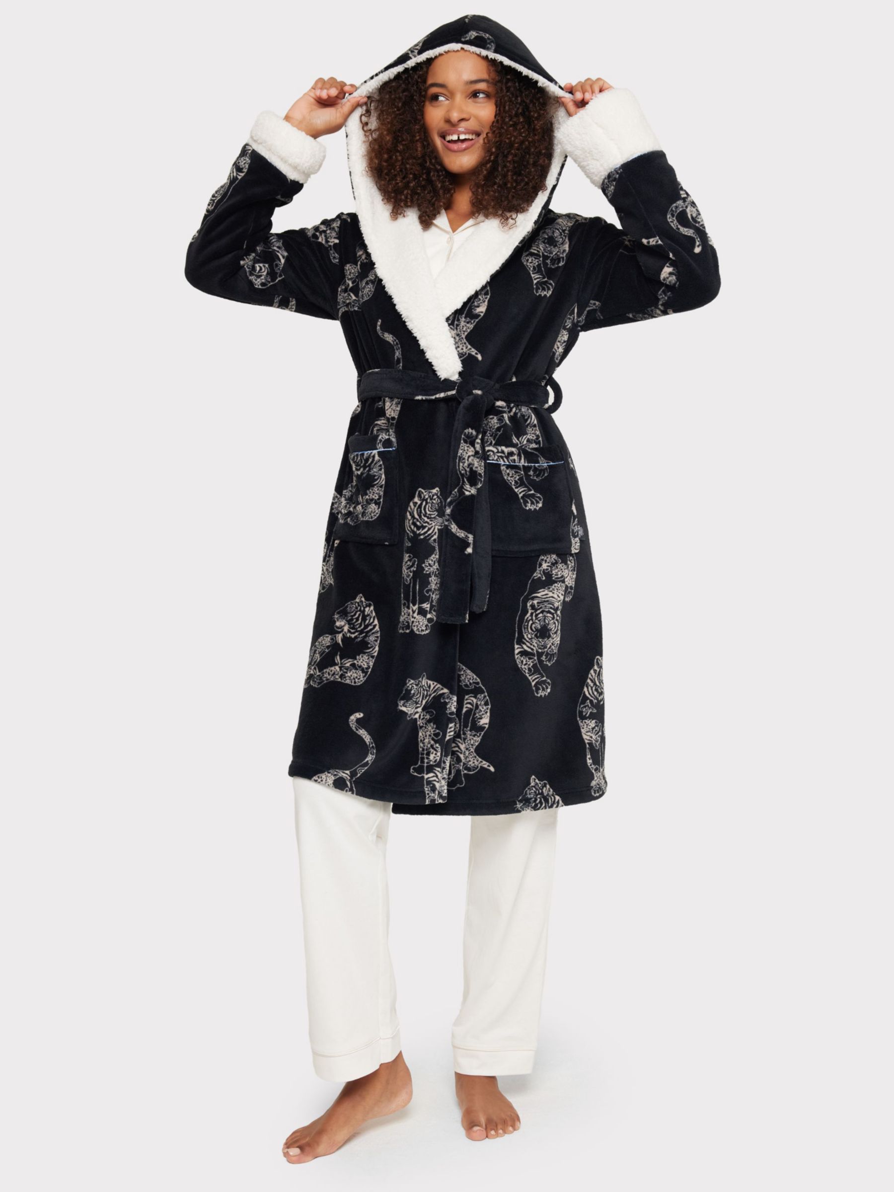 Buy Chelsea Peers Fleece Linear Tiger Print Dressing Gown, Black Online at johnlewis.com