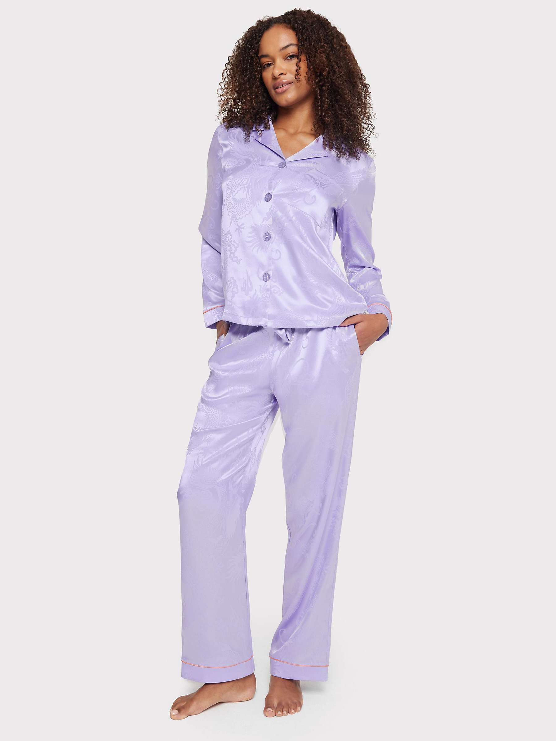 Buy Chelsea Peers Satin Jacquard Dragon Print Long Pyjama Set, Purple Online at johnlewis.com