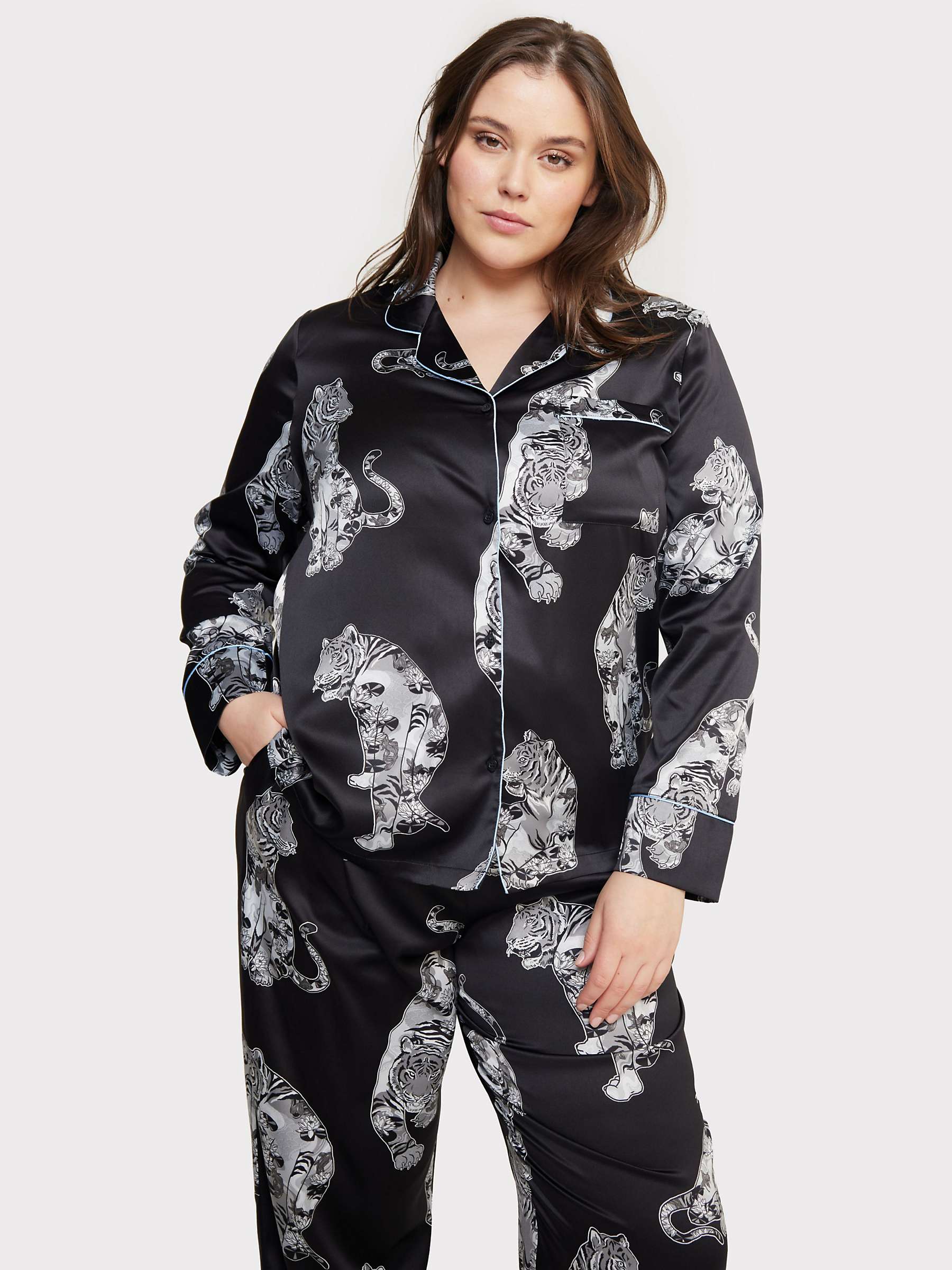 Buy Chelsea Peers Curve Satin Tiger Print Long Pyjama Set, Black/Multi Online at johnlewis.com