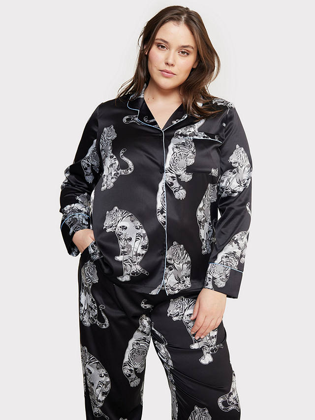 Chelsea Peers Curve Satin Tiger Print Long Pyjama Set, Black/Multi