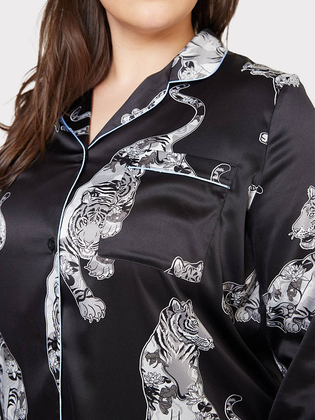 Chelsea Peers Curve Satin Tiger Print Long Pyjama Set, Black/Multi