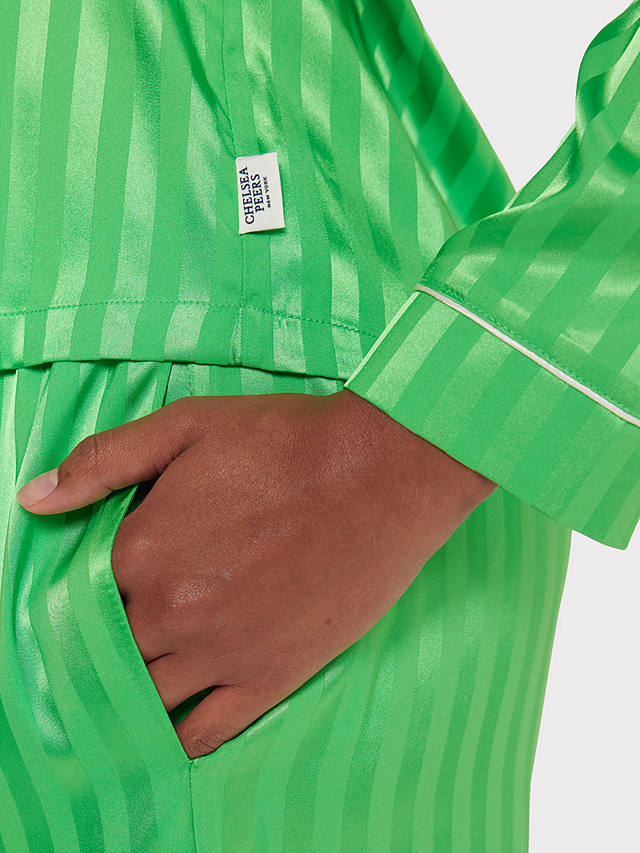 Chelsea Peers Satin Jacquard Stripe Long Pyjama Set, Green