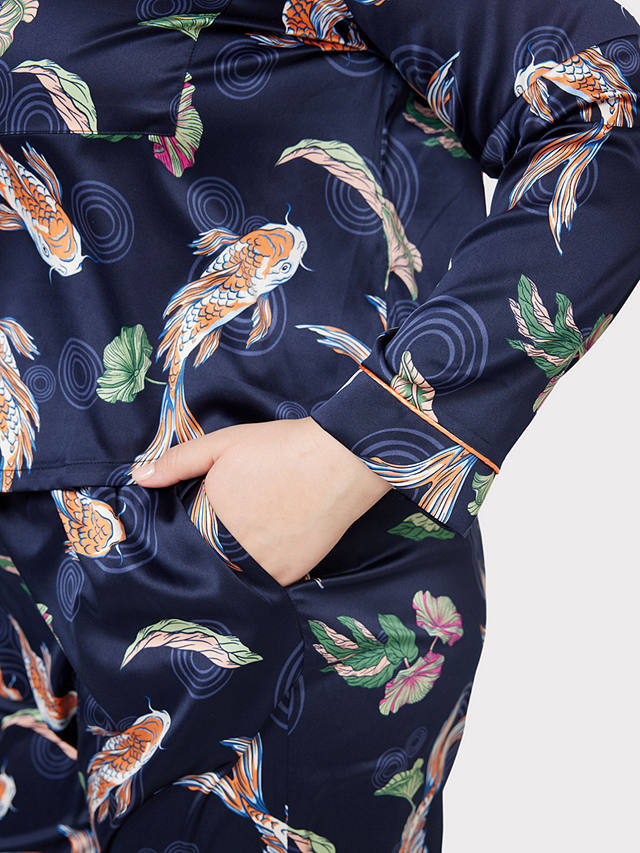 Chelsea Peers Curve Satin Koi Fish Print Long Pyjama Set, Navy