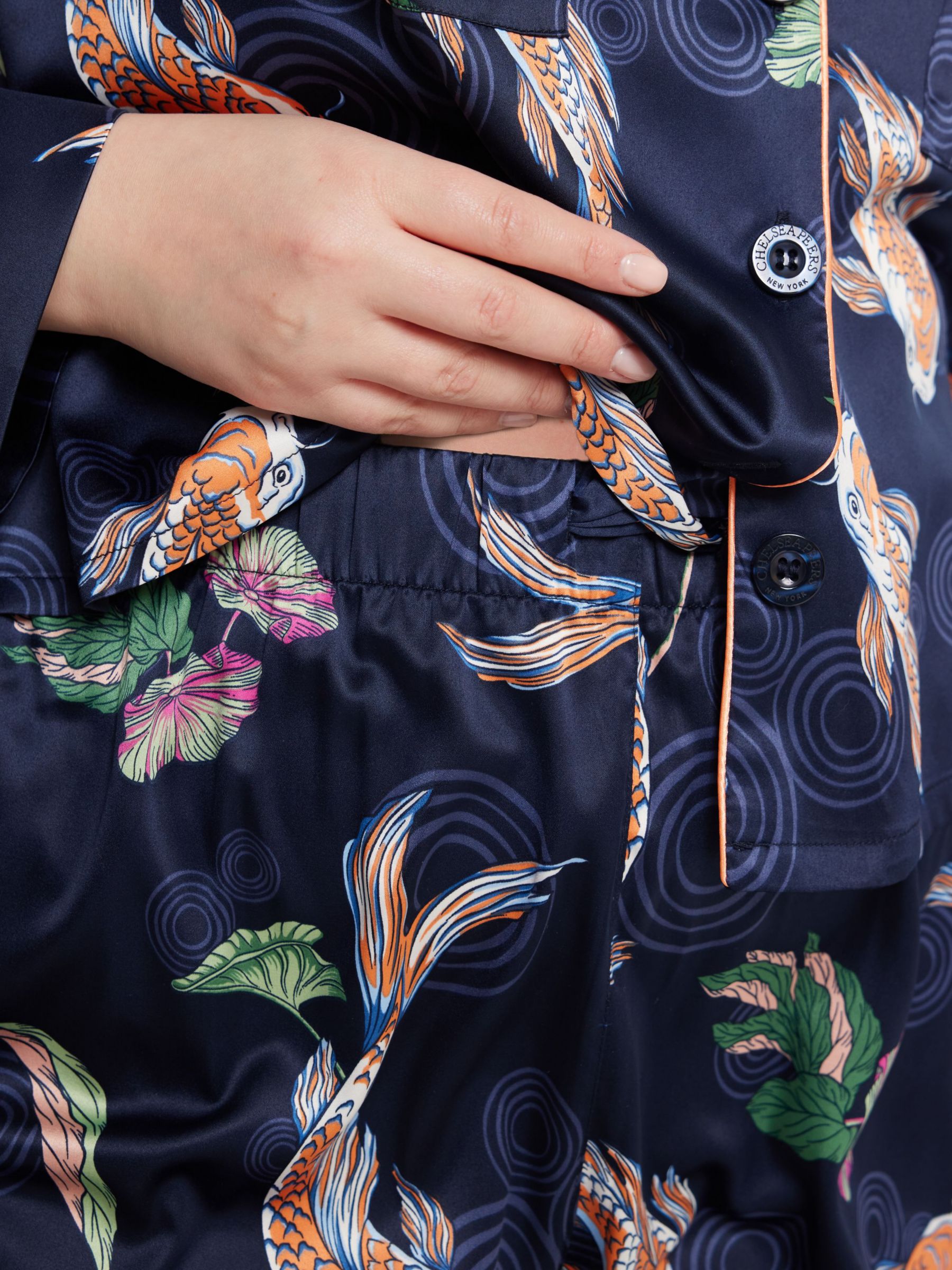 Buy Chelsea Peers Curve Satin Koi Fish Print Long Pyjama Set, Navy Online at johnlewis.com