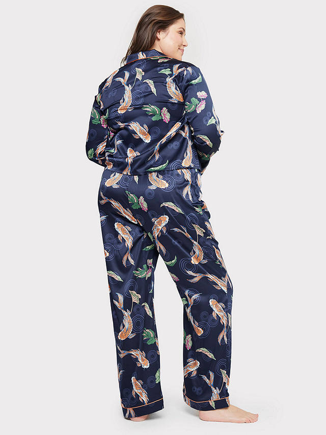 Chelsea Peers Curve Satin Koi Fish Print Long Pyjama Set, Navy