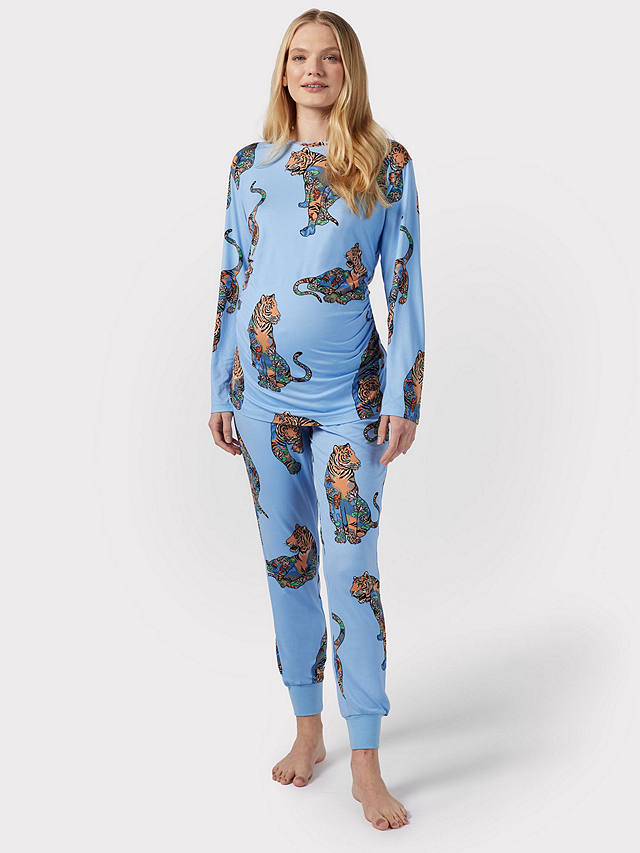 Chelsea Peers Maternity Lotus Tiger Print Pyjama Set, Blue
