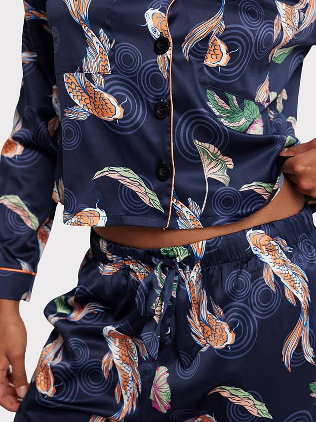 Chelsea Peers Satin Koi Fish Print Long Pyjama Set, Navy