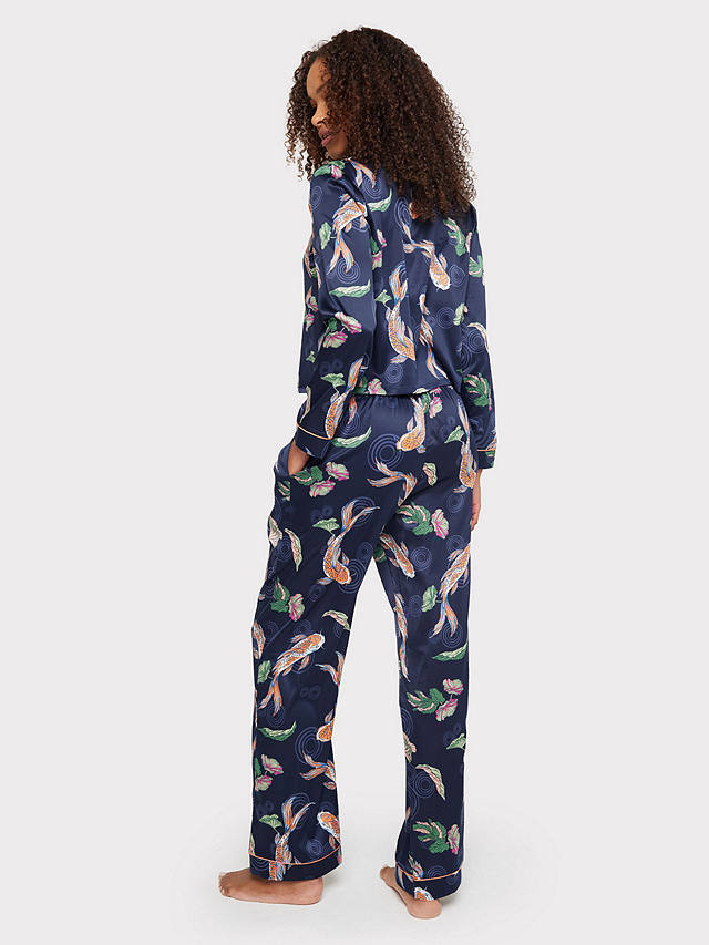 Chelsea Peers Satin Koi Fish Print Long Pyjama Set, Navy