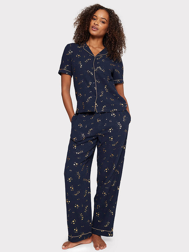 Chelsea Peers Cotton Cheesecloth Foil Star Long Pajama Set, Navy